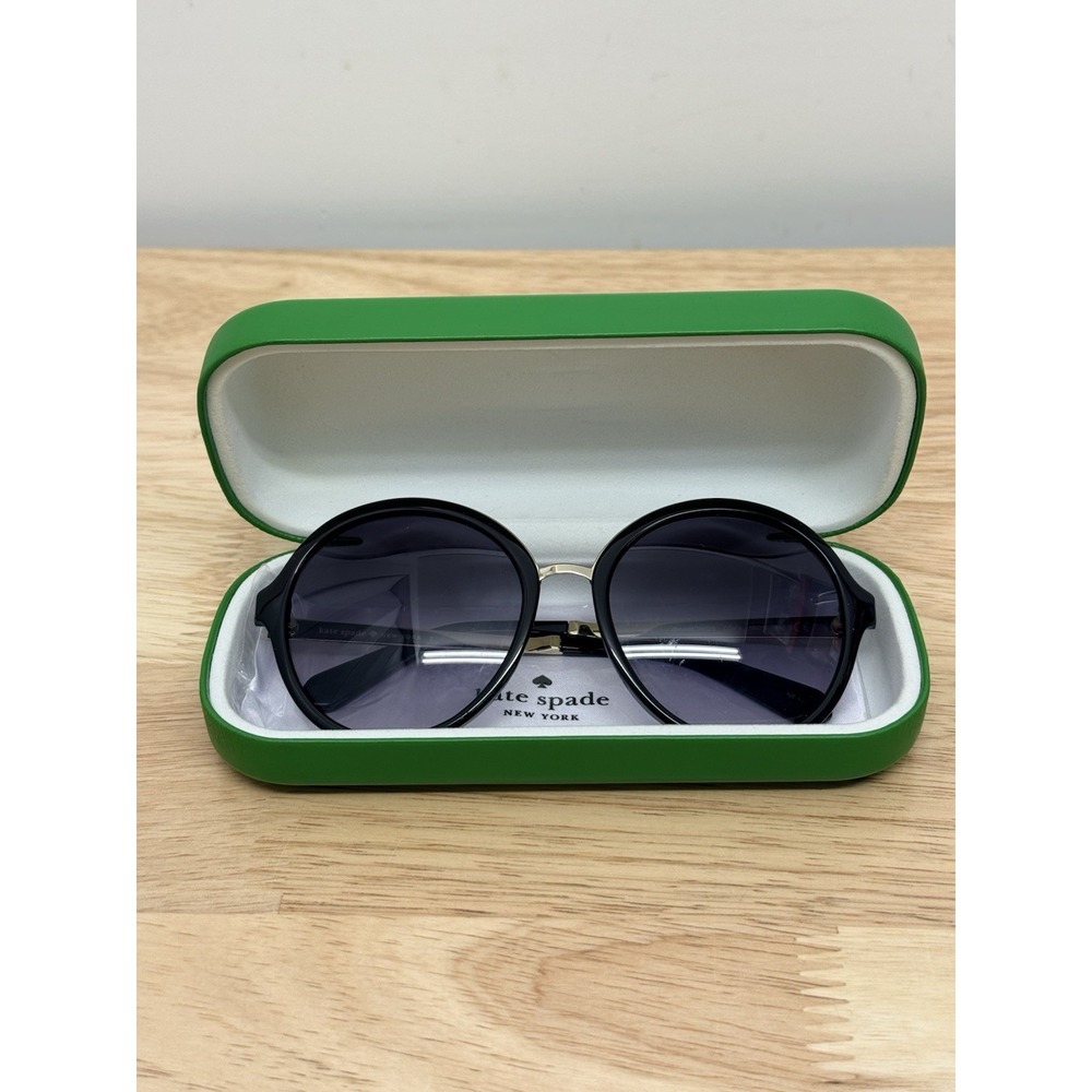 Kate Spade Annabeth Sunglasses Round Black Gold Frame w/ Green Case 55-19-135